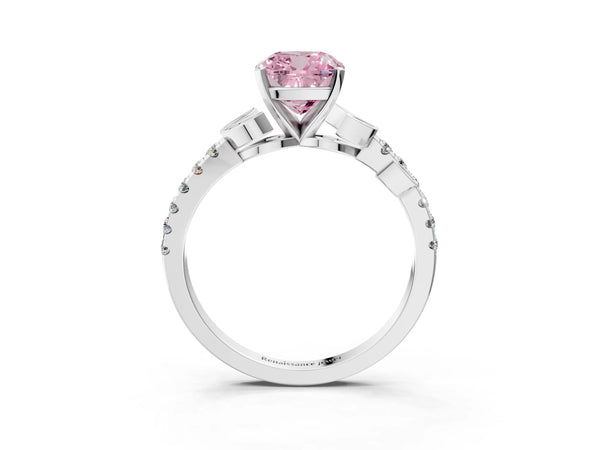 White gold Fancy Pink Cushion Cut Solitaire Leaf-Inspired Diamond Ring with Pavé Band and Four-Prong Setting