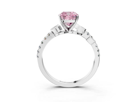 White gold Fancy Pink Cushion Cut Solitaire Leaf-Inspired Diamond Ring with Pavé Band and Four-Prong Setting_27