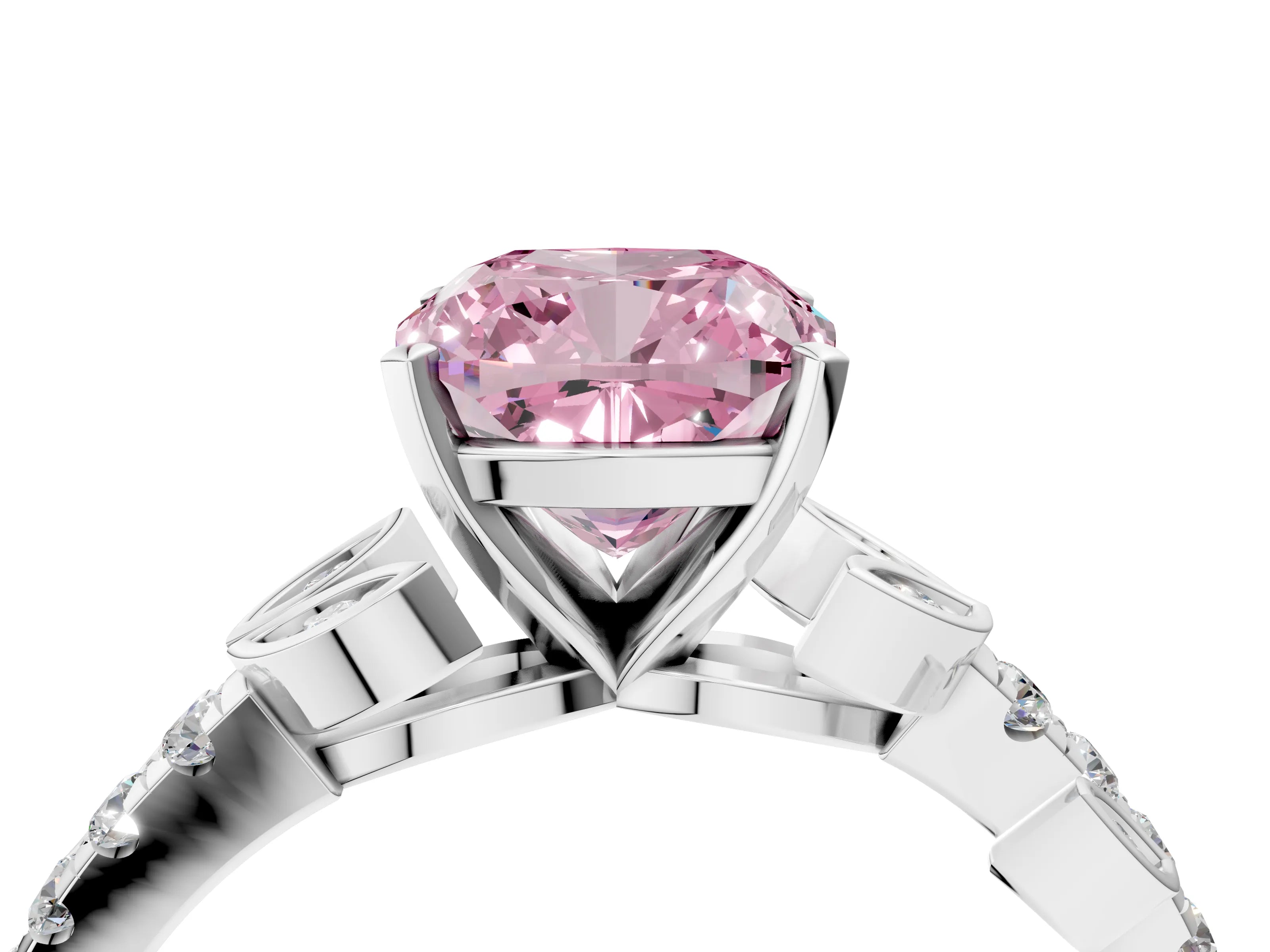 White gold Fancy Pink Cushion Cut Solitaire Leaf-Inspired Diamond Ring with Pavé Band and Four-Prong Setting_28