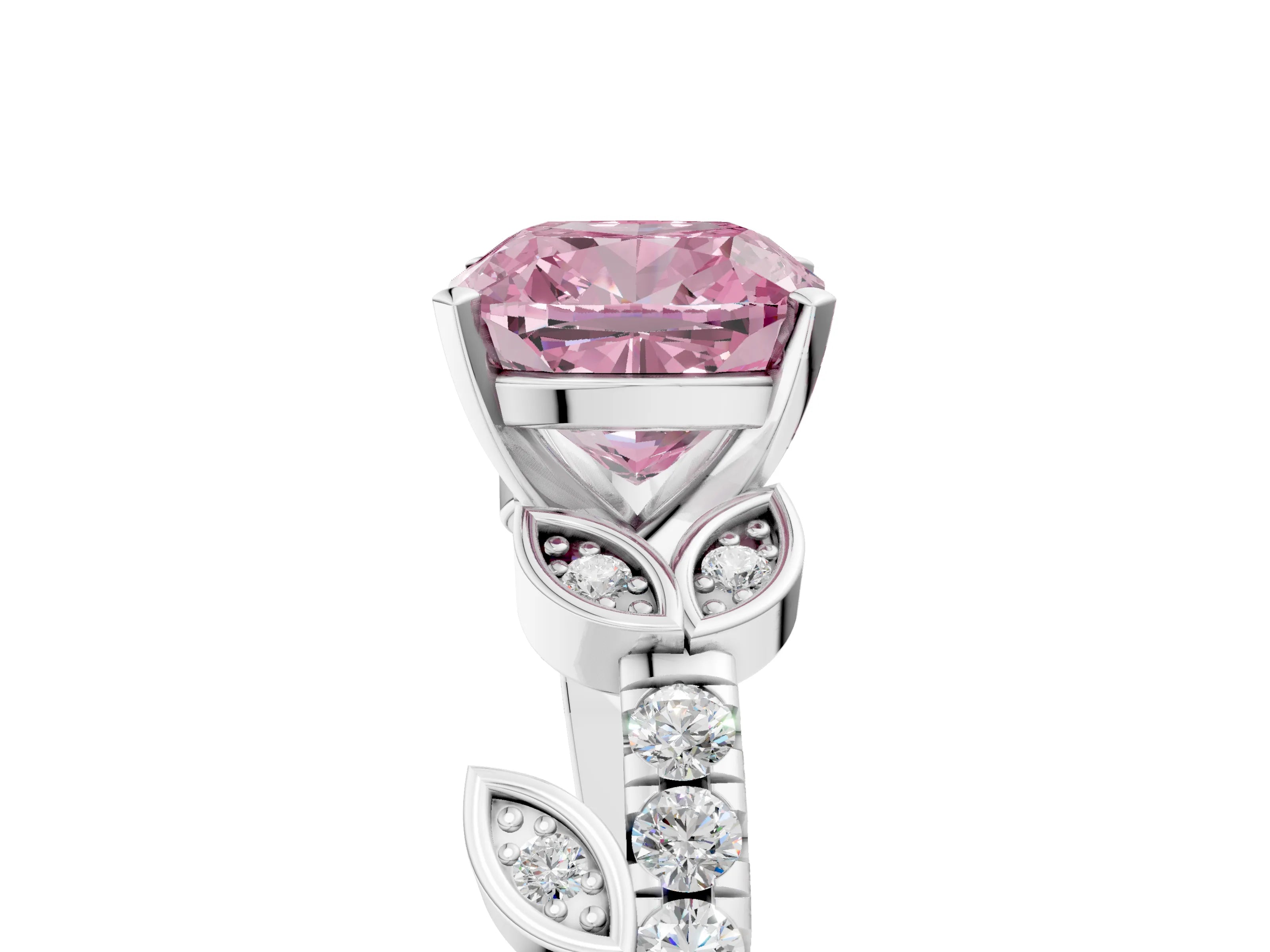 White gold Fancy Pink Cushion Cut Solitaire Leaf-Inspired Diamond Ring with Pavé Band and Four-Prong Setting_29