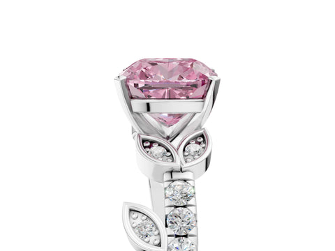 White gold Fancy Pink Cushion Cut Solitaire Leaf-Inspired Diamond Ring with Pavé Band and Four-Prong Setting_29