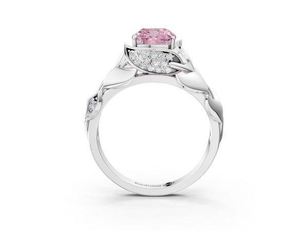 White Gold Cushion Cut Pave Leaf Bypass Engagement Ring Setting for Fancy Pink Center