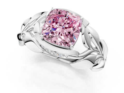 White gold Fancy Pink Cushion Cut Solitaire Leaf-Inspired Engagement Ring with Prong Setting_1