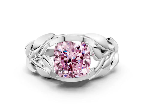White gold Fancy Pink Cushion Cut Solitaire Leaf-Inspired Engagement Ring with Prong Setting