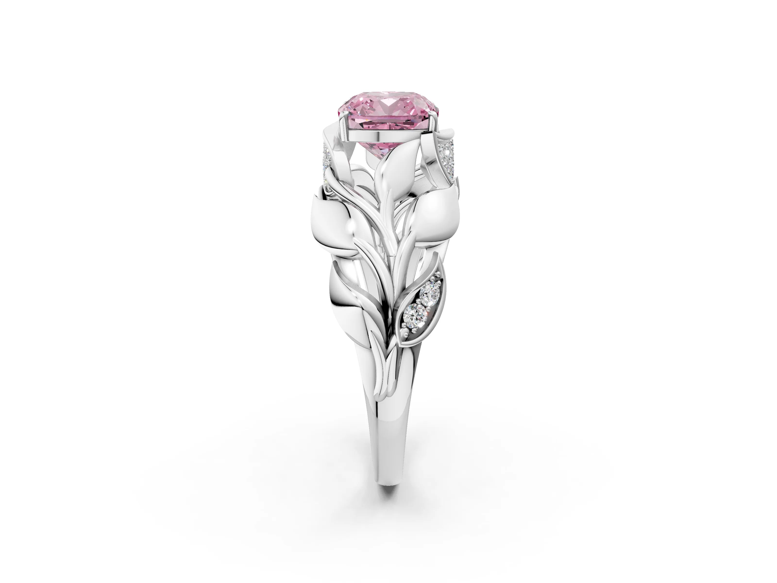 White gold Fancy Pink Cushion Cut Solitaire Leaf-Inspired Engagement Ring with Prong Setting_2