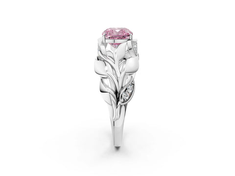 White gold Fancy Pink Cushion Cut Solitaire Leaf-Inspired Engagement Ring with Prong Setting_2