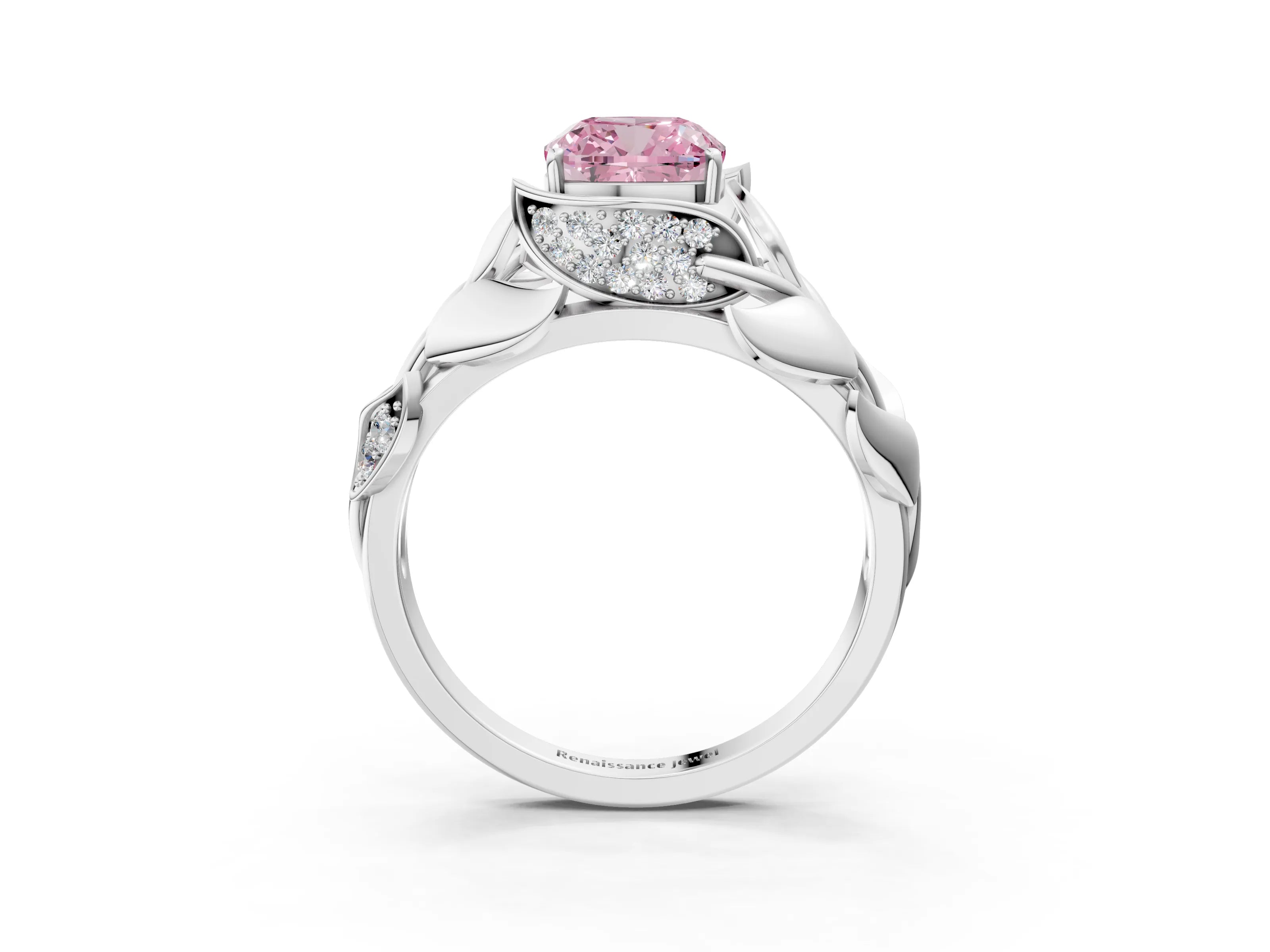 White gold Fancy Pink Cushion Cut Solitaire Leaf-Inspired Engagement Ring with Prong Setting_3