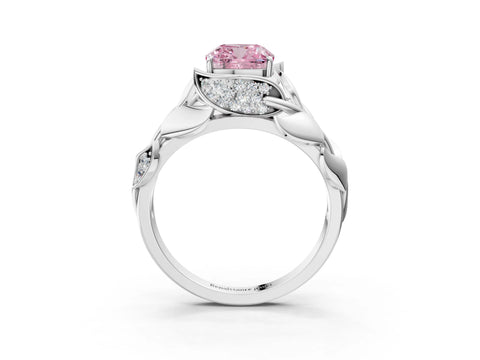 White gold Fancy Pink Cushion Cut Solitaire Leaf-Inspired Engagement Ring with Prong Setting_3