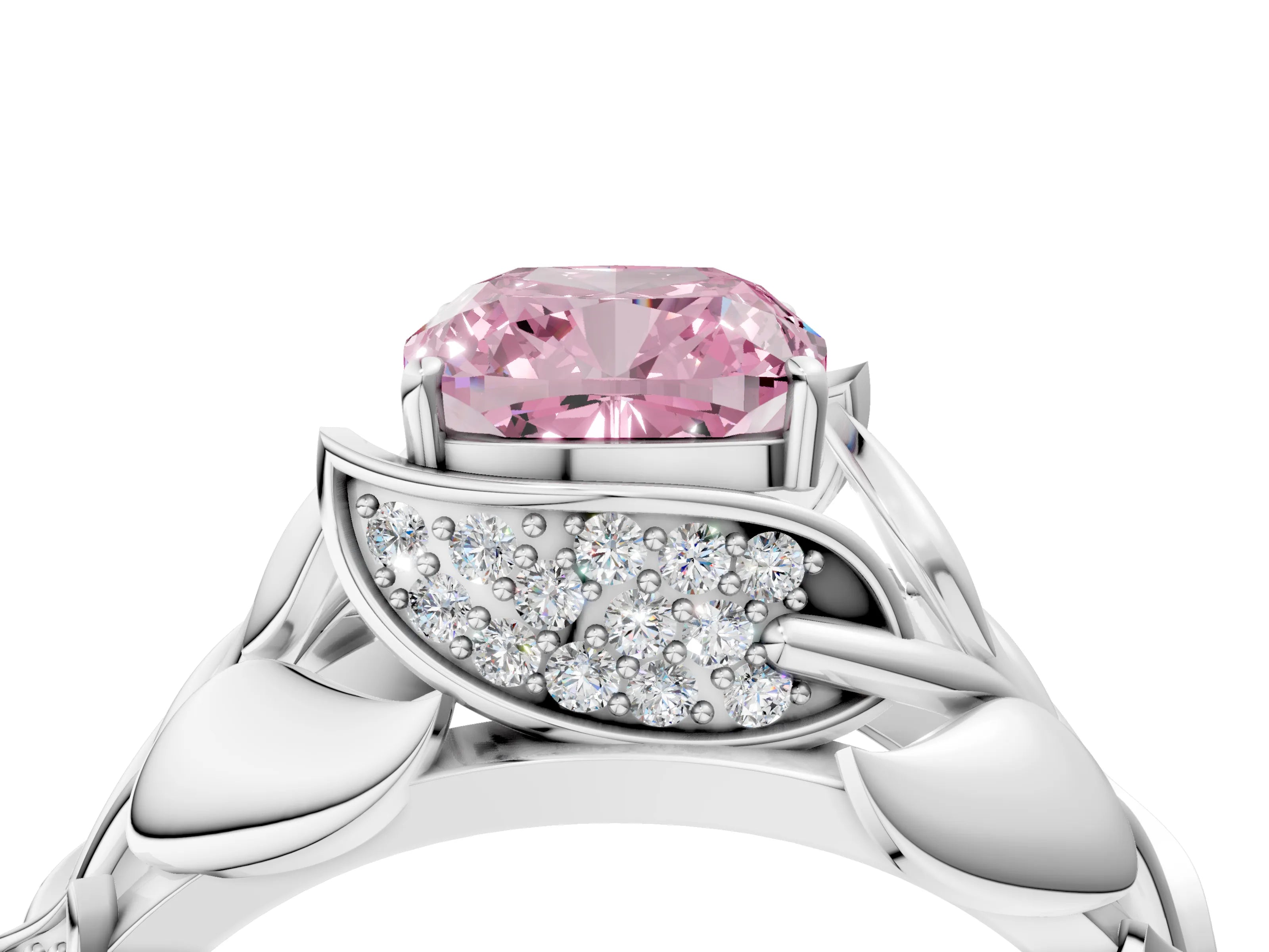 White gold Fancy Pink Cushion Cut Solitaire Leaf-Inspired Engagement Ring with Prong Setting_4
