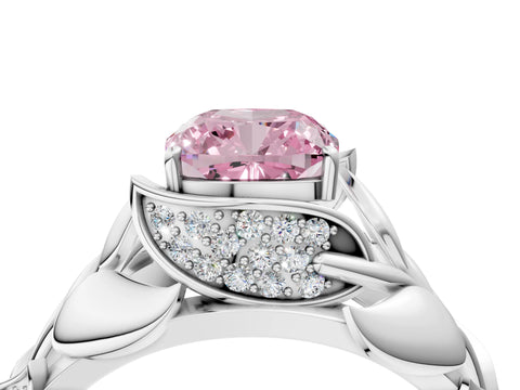 White gold Fancy Pink Cushion Cut Solitaire Leaf-Inspired Engagement Ring with Prong Setting_4