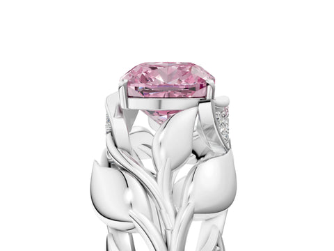 White gold Fancy Pink Cushion Cut Solitaire Leaf-Inspired Engagement Ring with Prong Setting_5