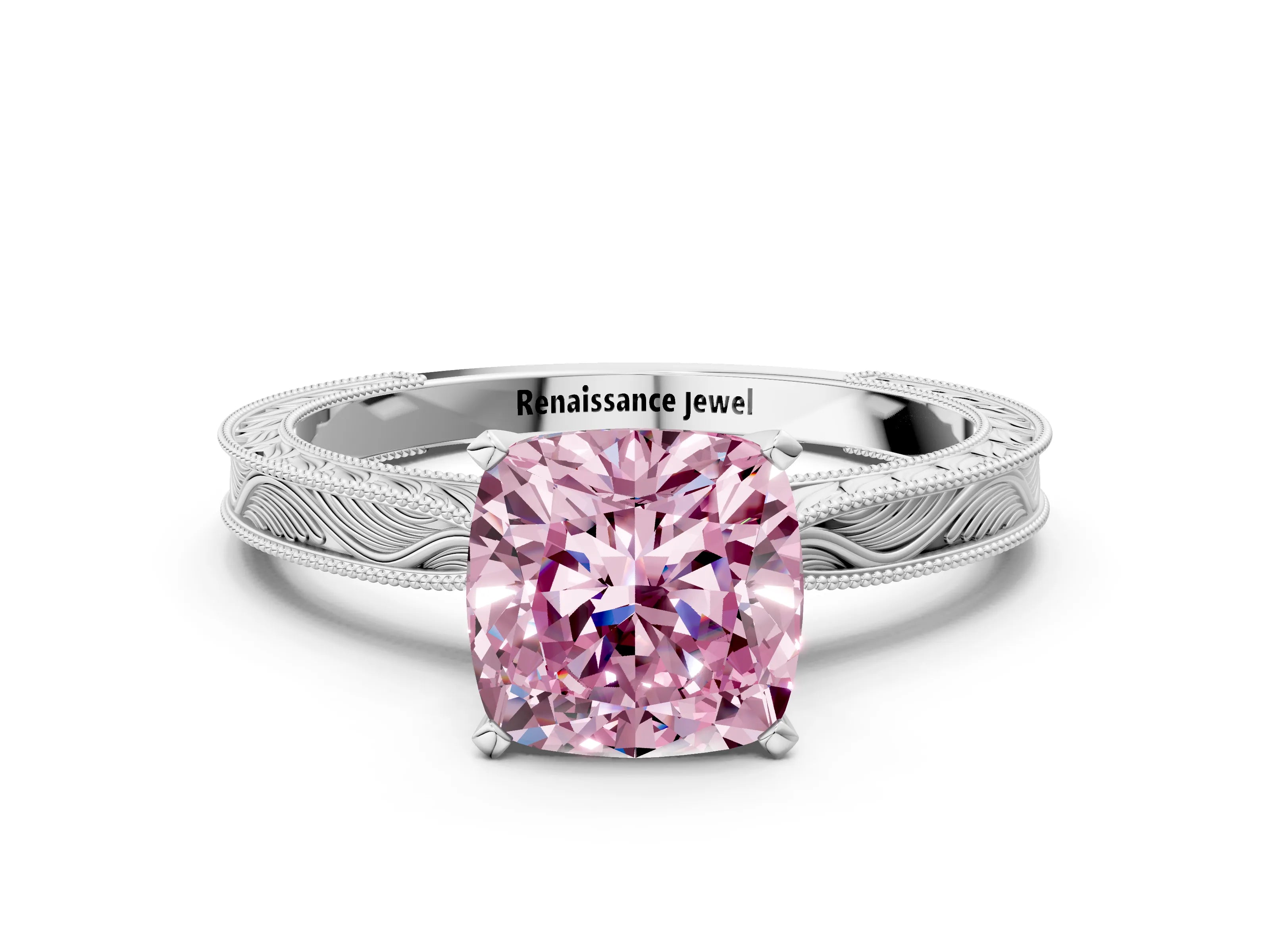 White gold Fancy Pink Cushion Cut Solitaire Milgrain Engraved Band with Four-Prong Setting_12