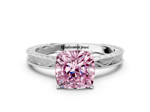White gold Fancy Pink Cushion Cut Solitaire Milgrain Engraved Band with Four-Prong Setting_12