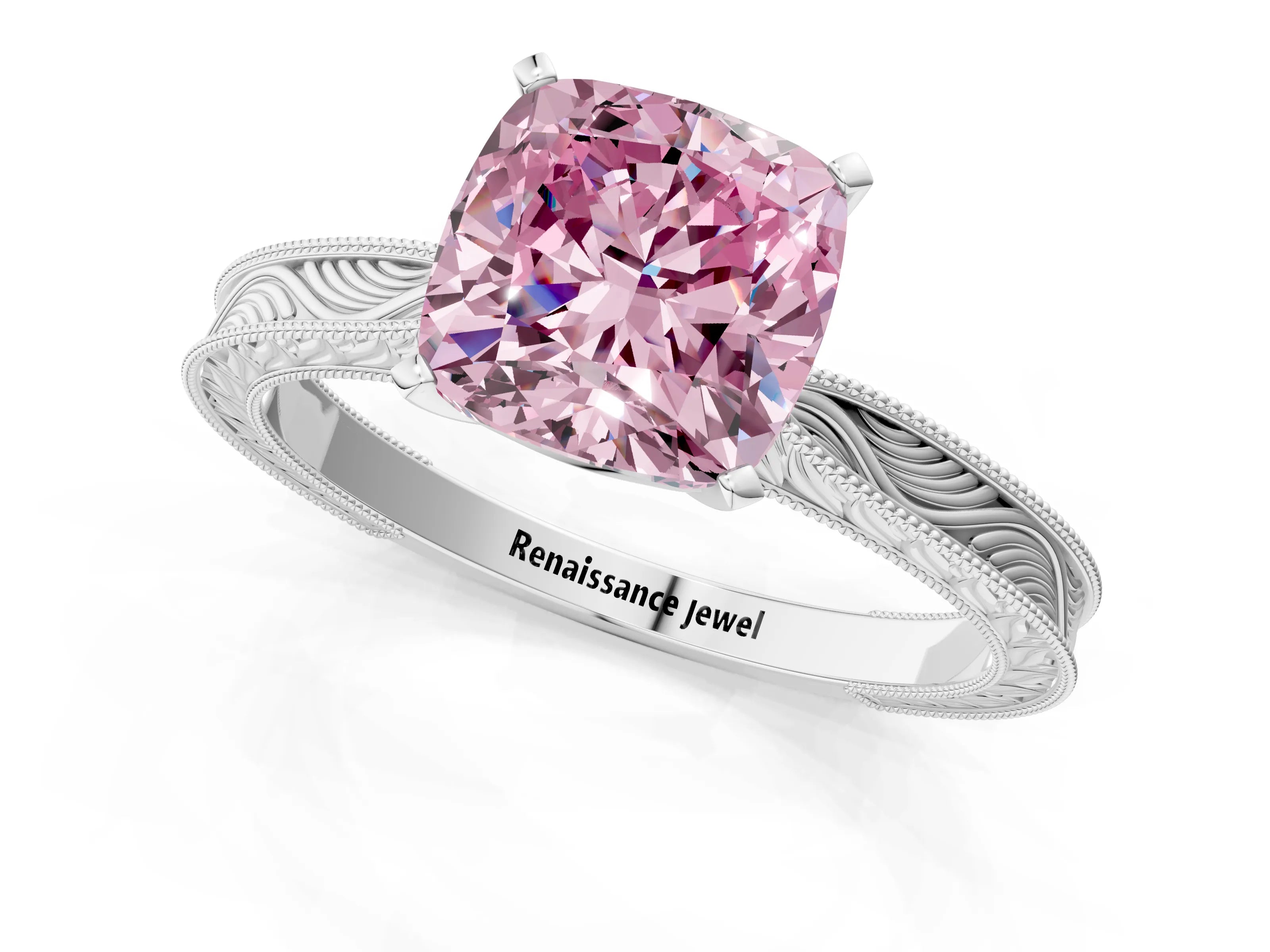 White gold Fancy Pink Cushion Cut Solitaire Milgrain Engraved Band with Four-Prong Setting_13