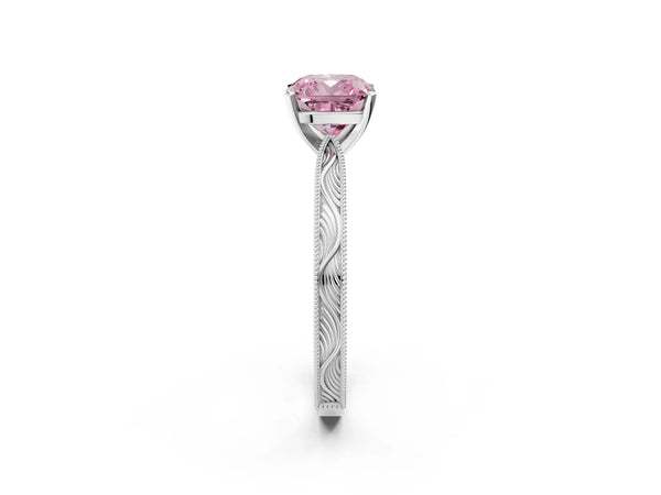 Platinum Cushion Cut Solitaire Engagement Ring Setting for Fancy Pink Center with Engraved Band