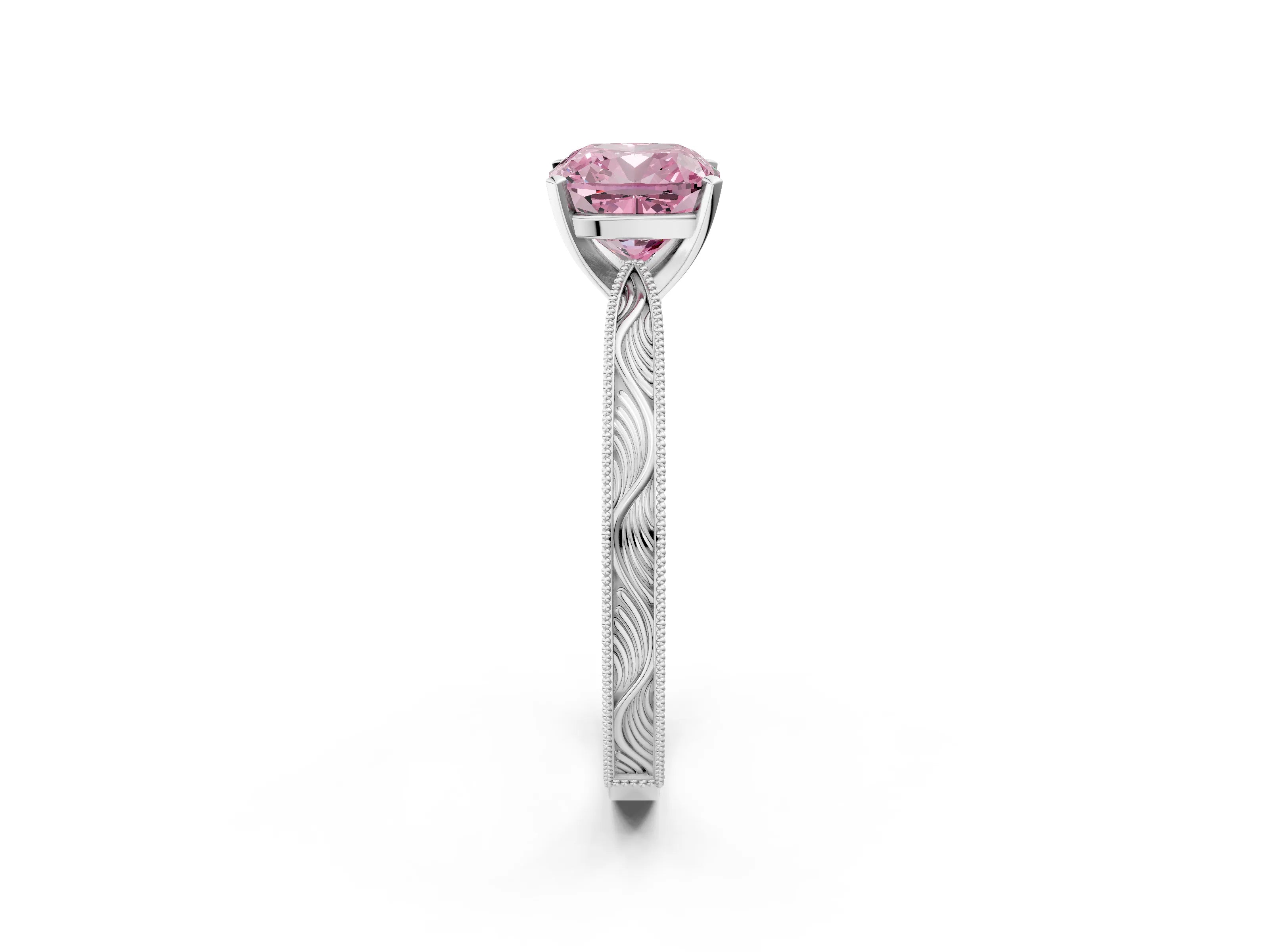 White gold Fancy Pink Cushion Cut Solitaire Milgrain Engraved Band with Four-Prong Setting_14