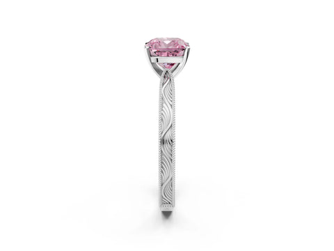 White gold Fancy Pink Cushion Cut Solitaire Milgrain Engraved Band with Four-Prong Setting_14