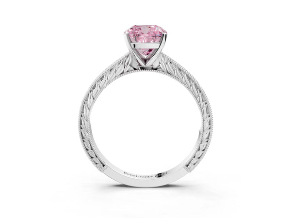 Platinum Cushion Cut Solitaire Engagement Ring Setting for Fancy Pink Center with Engraved Band