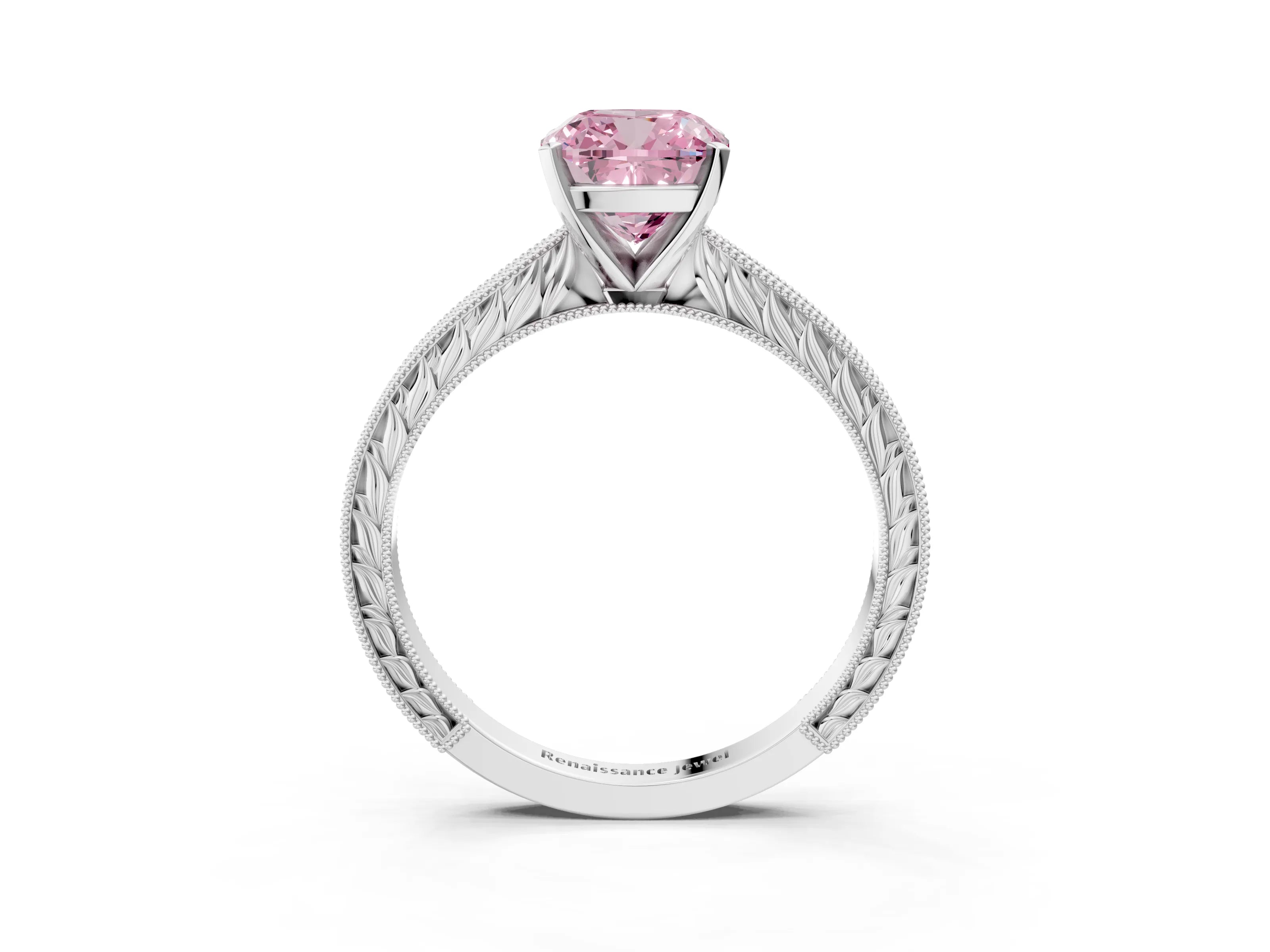 White gold Fancy Pink Cushion Cut Solitaire Milgrain Engraved Band with Four-Prong Setting_15
