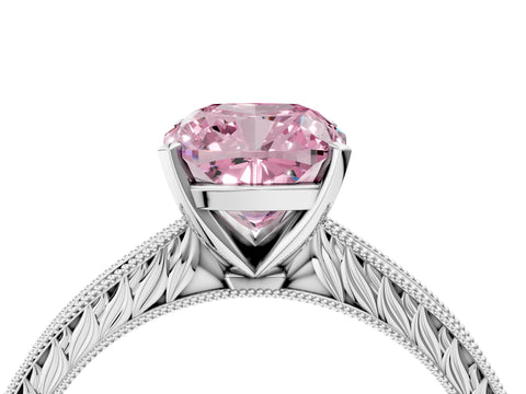 White gold Fancy Pink Cushion Cut Solitaire Milgrain Engraved Band with Four-Prong Setting_16