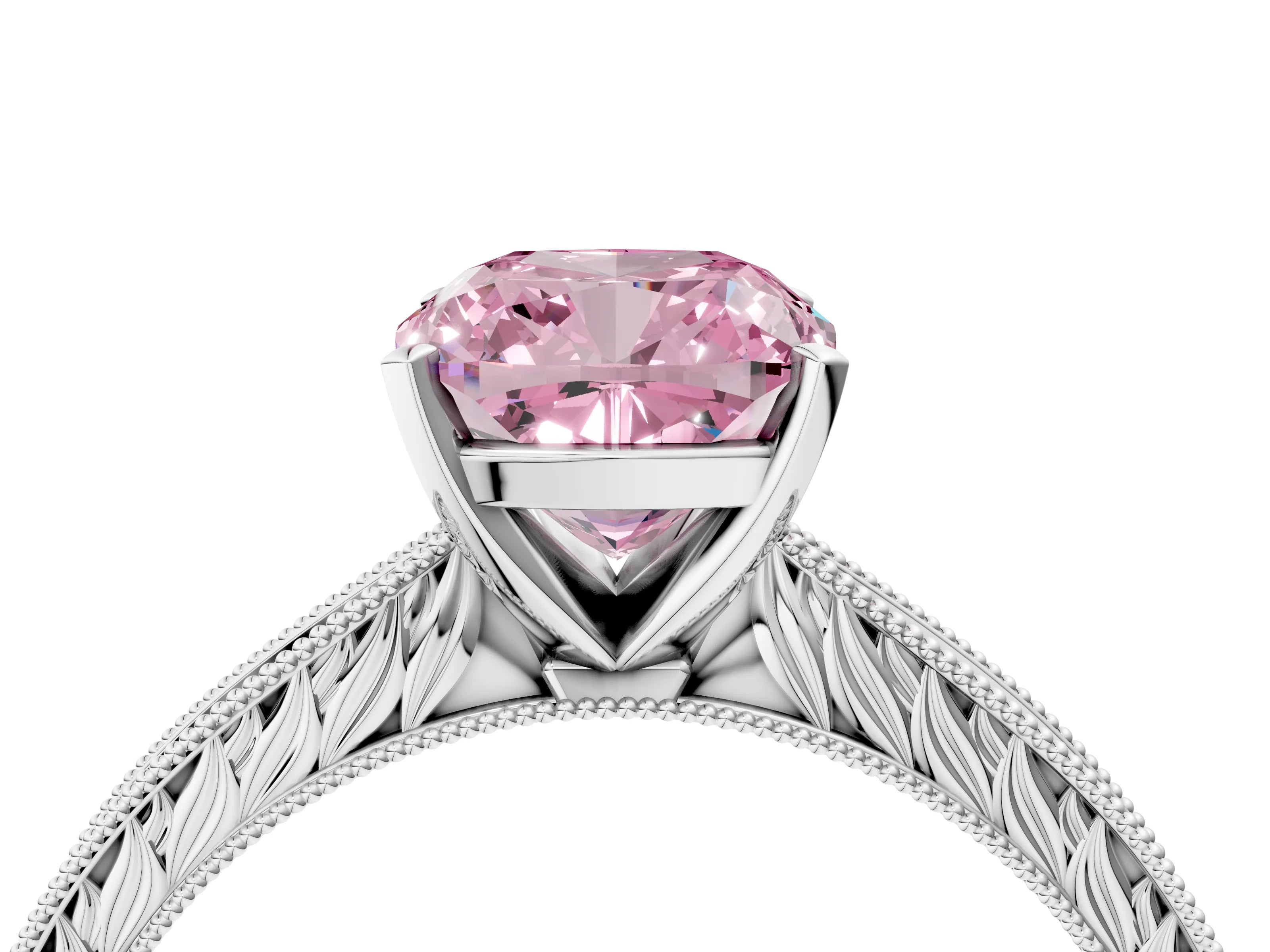 White gold Fancy Pink Cushion Cut Solitaire Milgrain Engraved Band with Four-Prong Setting_16