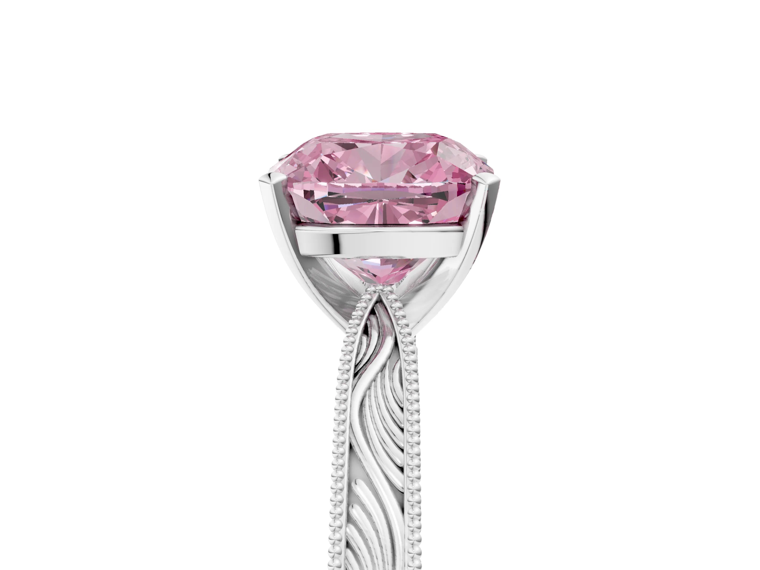 White gold Fancy Pink Cushion Cut Solitaire Milgrain Engraved Band with Four-Prong Setting_17