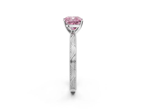 White gold Fancy Pink Cushion Cut Solitaire Milgrain Engraved Band with Four-Prong Setting_2