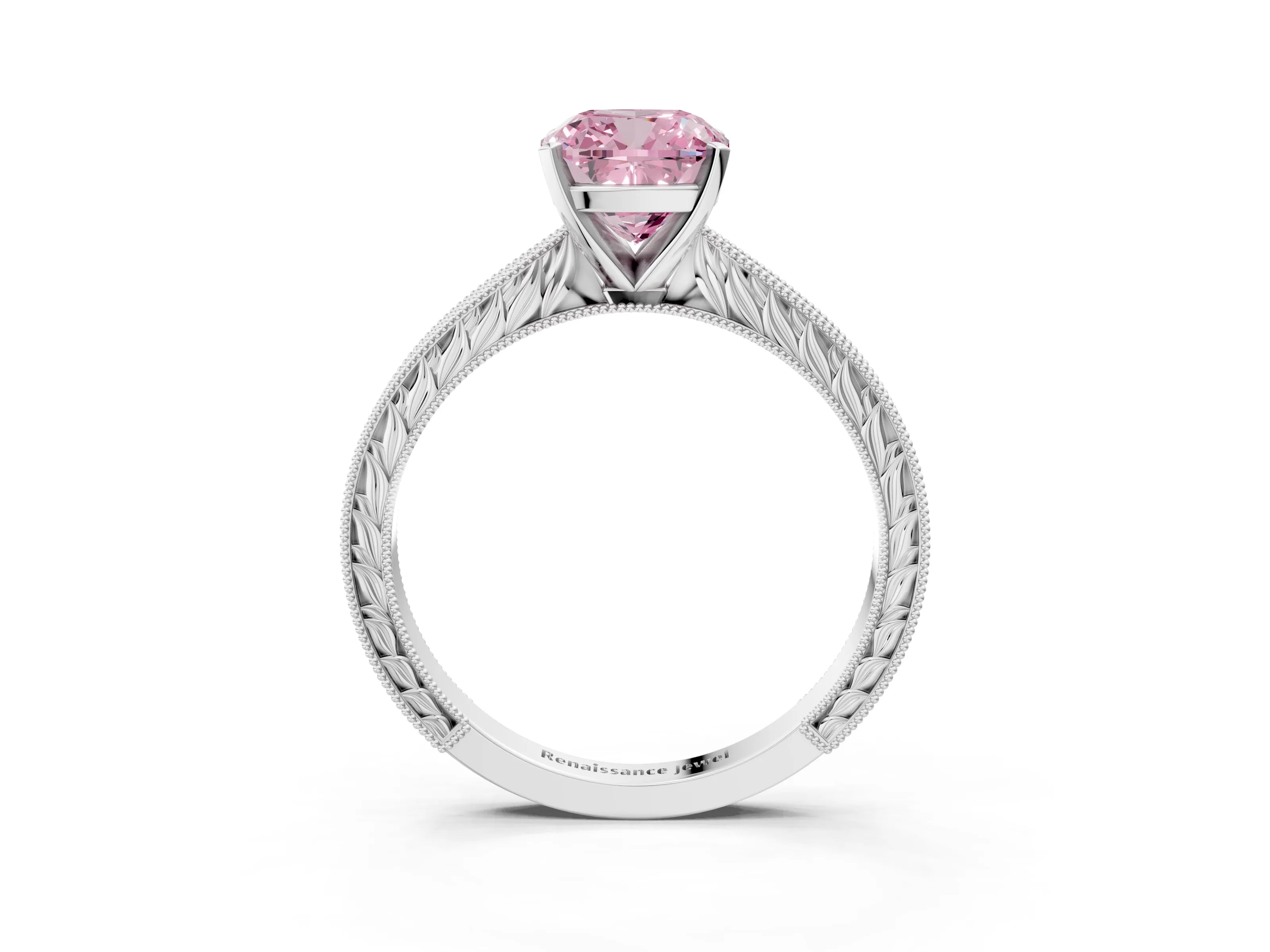 White gold Fancy Pink Cushion Cut Solitaire Milgrain Engraved Band with Four-Prong Setting_3