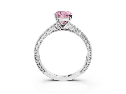 White gold Fancy Pink Cushion Cut Solitaire Milgrain Engraved Band with Four-Prong Setting_3