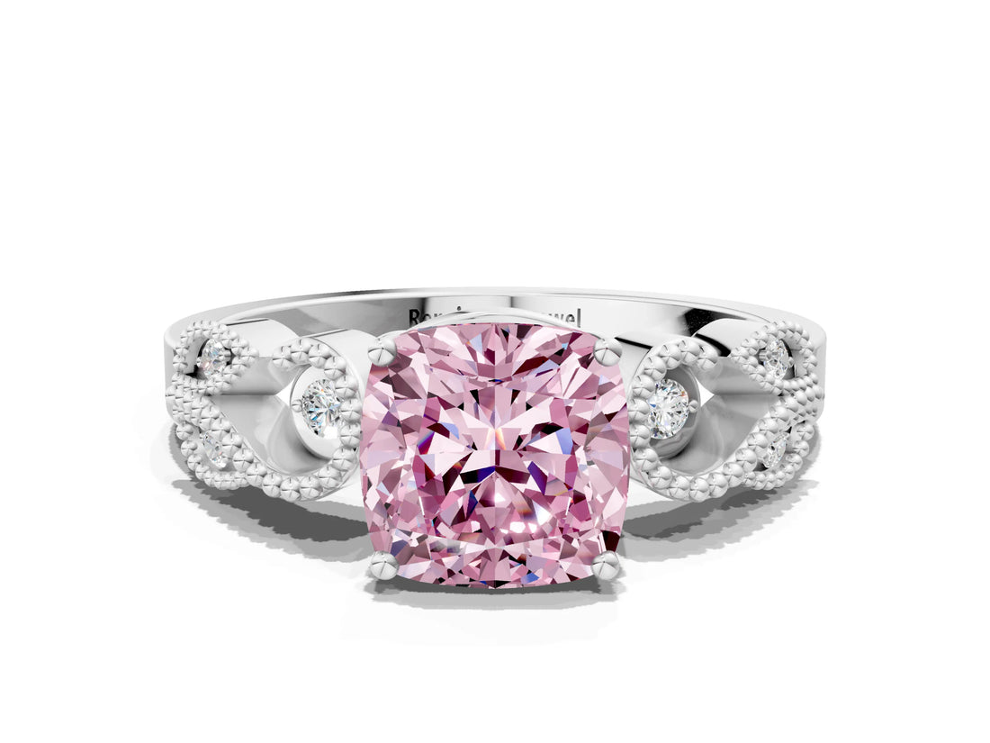 White gold Fancy Pink Cushion Cut Solitaire Milgrain Leaf Band with Prong Setting_12