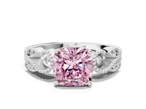 White gold Fancy Pink Cushion Cut Solitaire Milgrain Leaf Band with Prong Setting_12