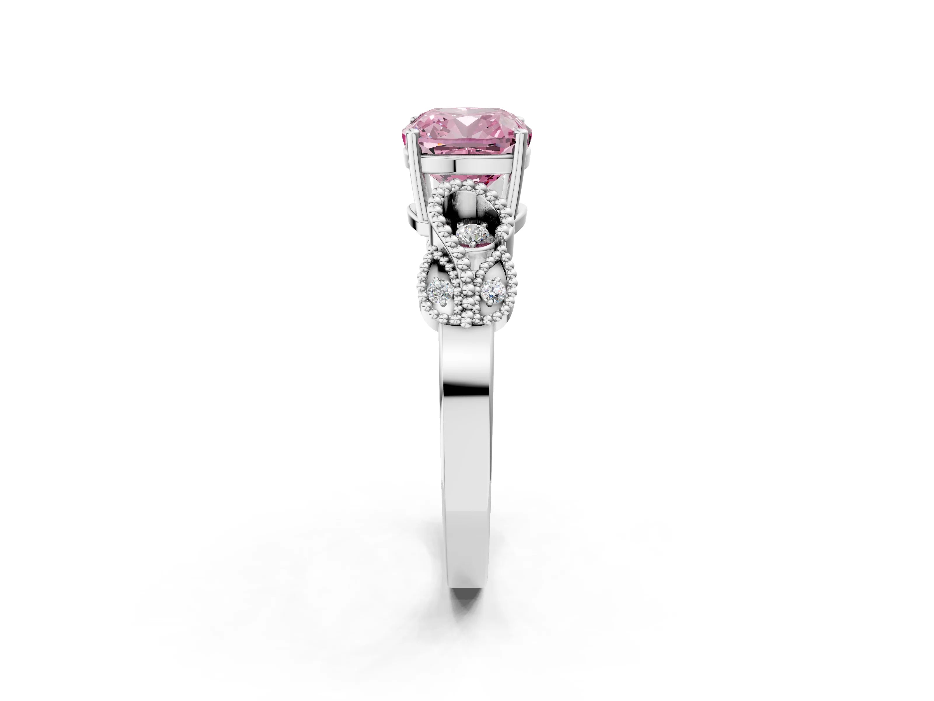 White gold Fancy Pink Cushion Cut Solitaire Milgrain Leaf Band with Prong Setting_14