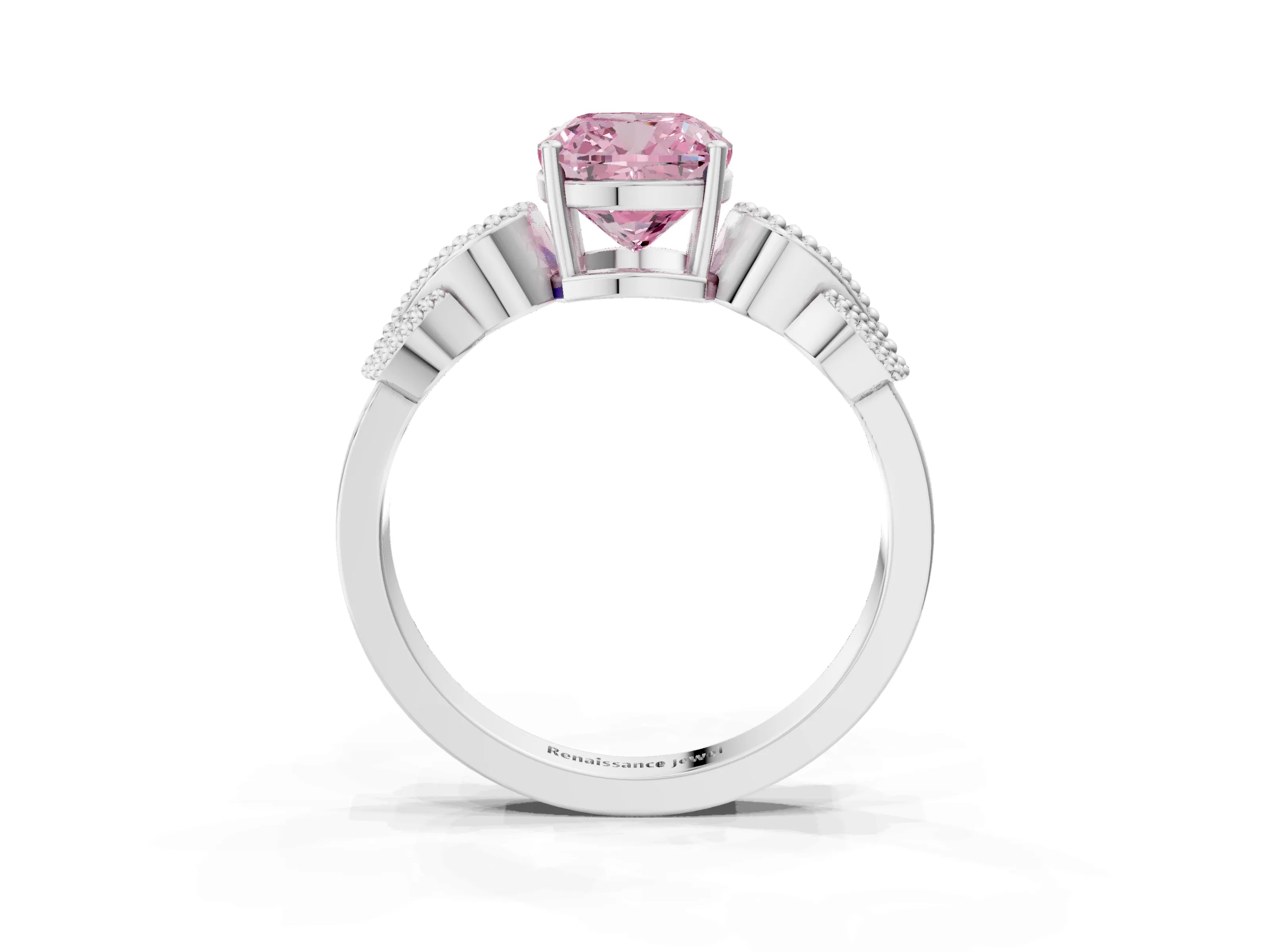 White gold Fancy Pink Cushion Cut Solitaire Milgrain Leaf Band with Prong Setting_15