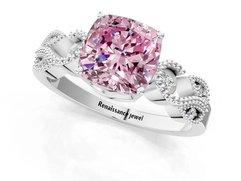 White gold Fancy Pink Cushion Cut Solitaire Milgrain Leaf Band with Prong Setting_1