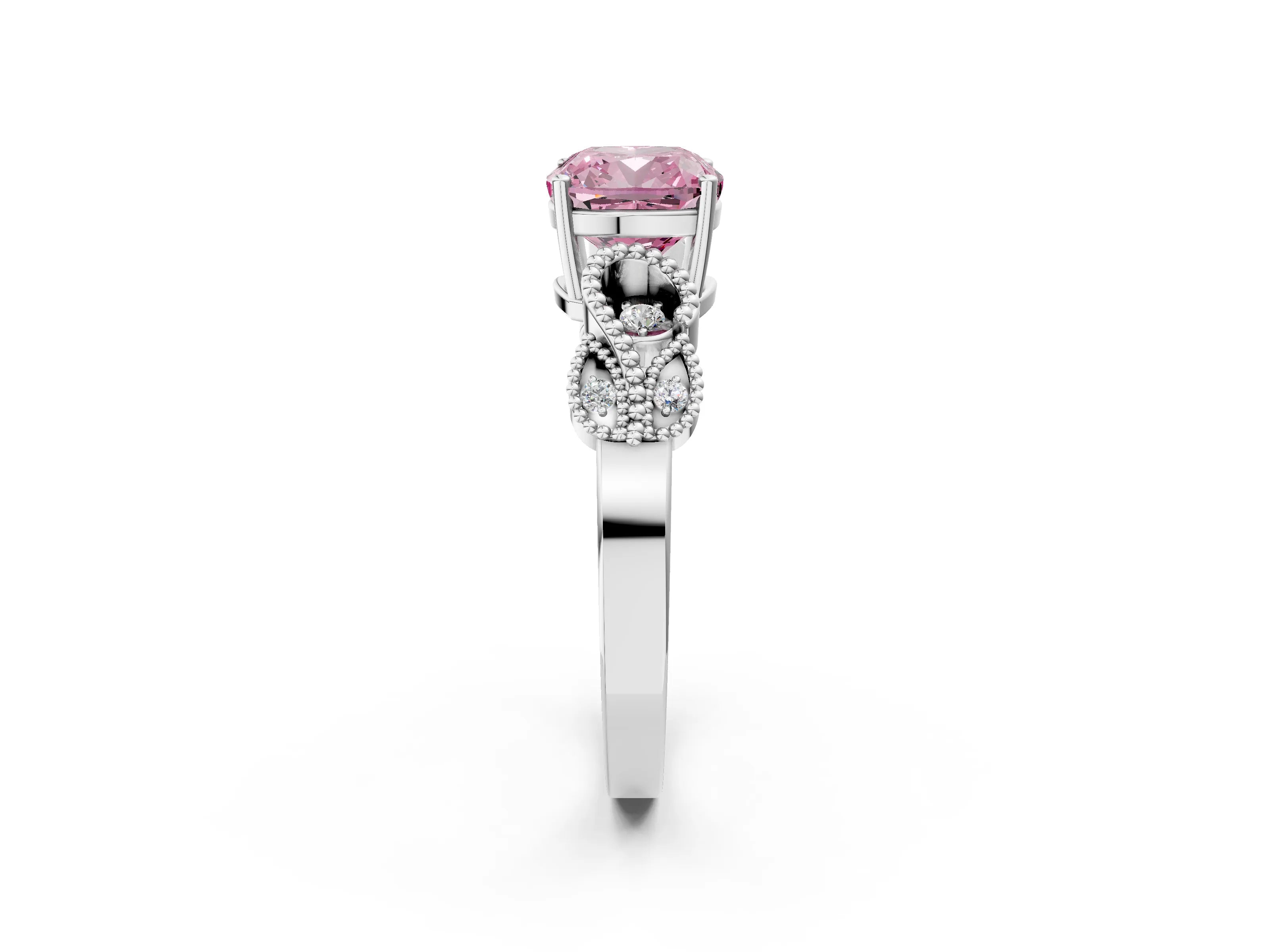 White gold Fancy Pink Cushion Cut Solitaire Milgrain Leaf Band with Prong Setting_2
