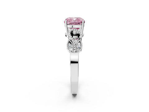 White gold Fancy Pink Cushion Cut Solitaire Milgrain Leaf Band with Prong Setting_2