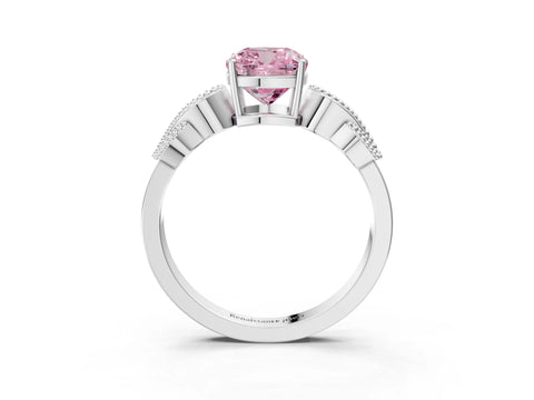 White gold Fancy Pink Cushion Cut Solitaire Milgrain Leaf Band with Prong Setting_3
