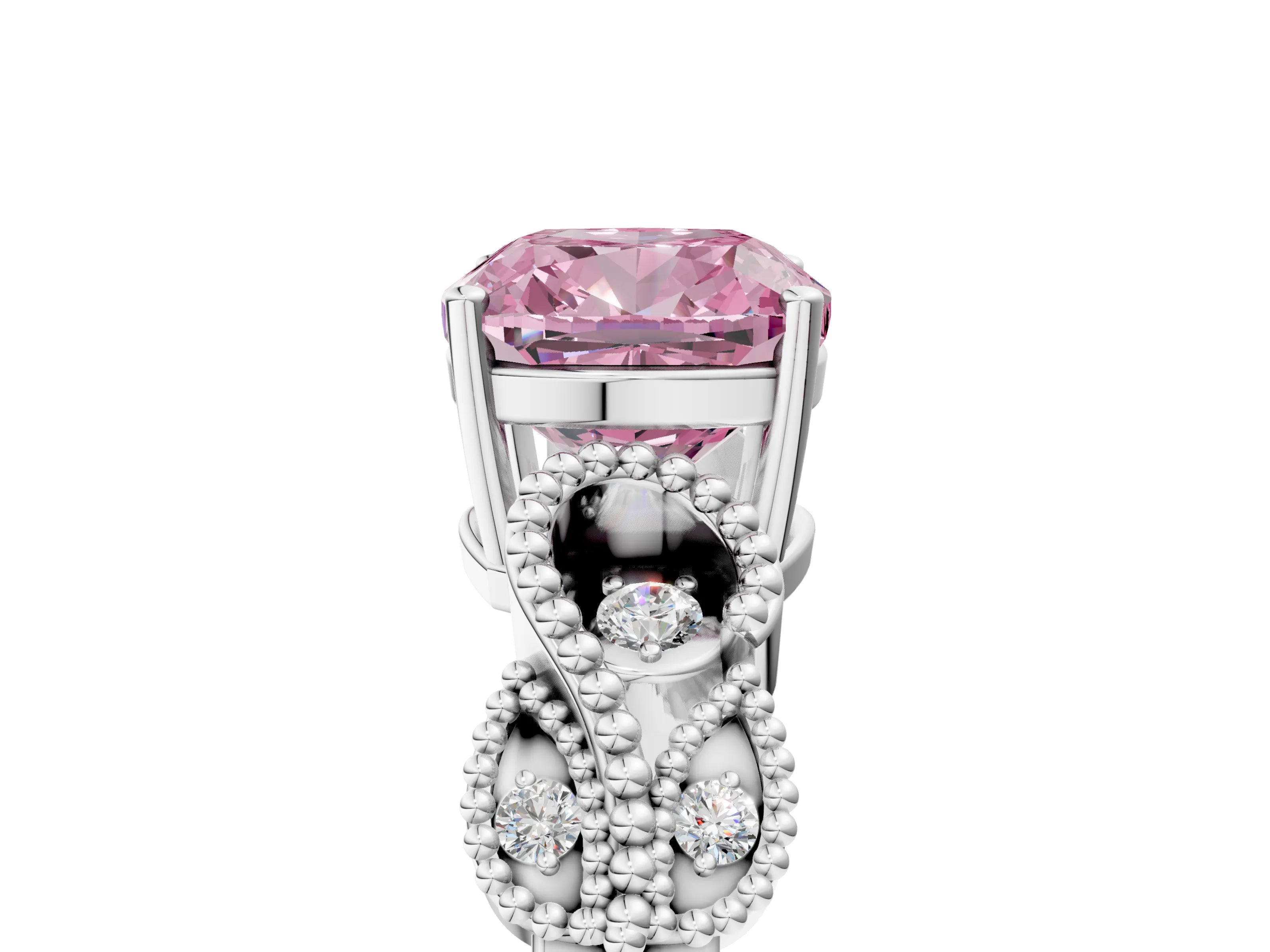 White gold Fancy Pink Cushion Cut Solitaire Milgrain Leaf Band with Prong Setting_5
