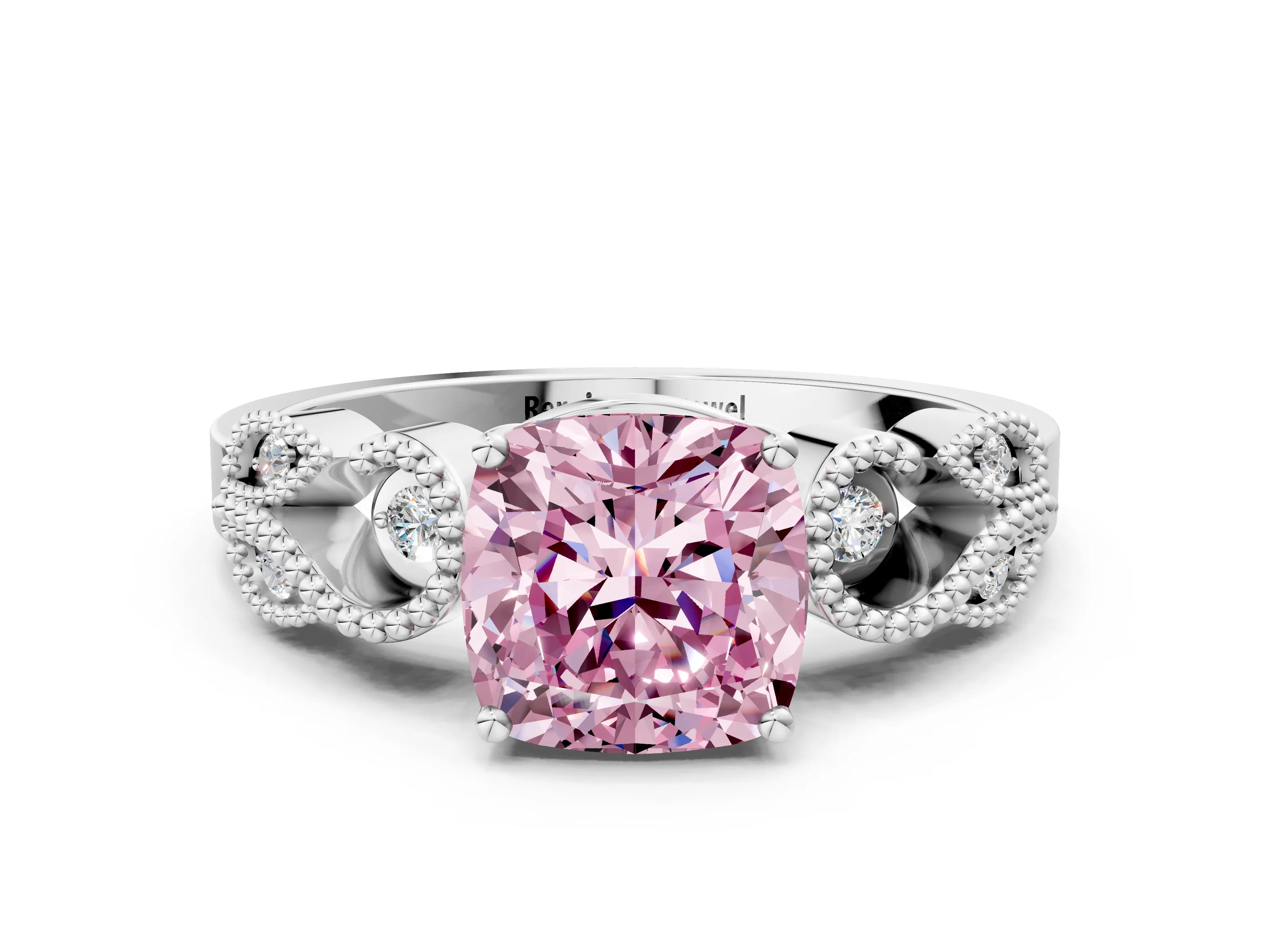 White gold Fancy Pink Cushion Cut Solitaire Milgrain Leaf Band with Prong Setting