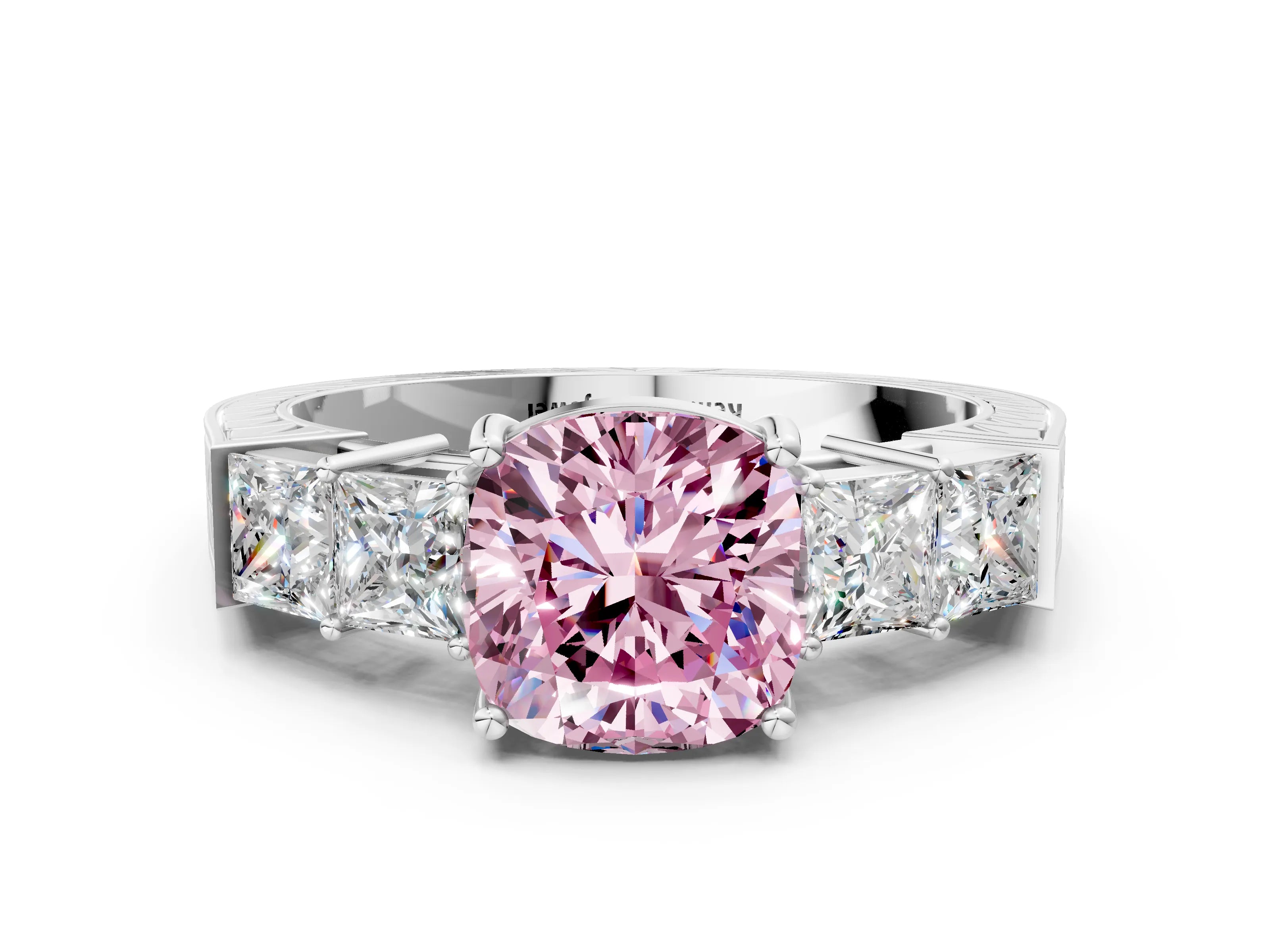 White gold Fancy Pink Cushion Cut Solitaire Princess Side Stone Engraved Band Prong Setting Ring_12