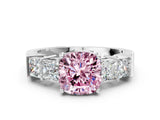 White gold Fancy Pink Cushion Cut Solitaire Princess Side Stone Engraved Band Prong Setting Ring_12