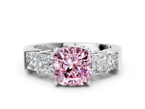 White gold Fancy Pink Cushion Cut Solitaire Princess Side Stone Engraved Band Prong Setting Ring_12