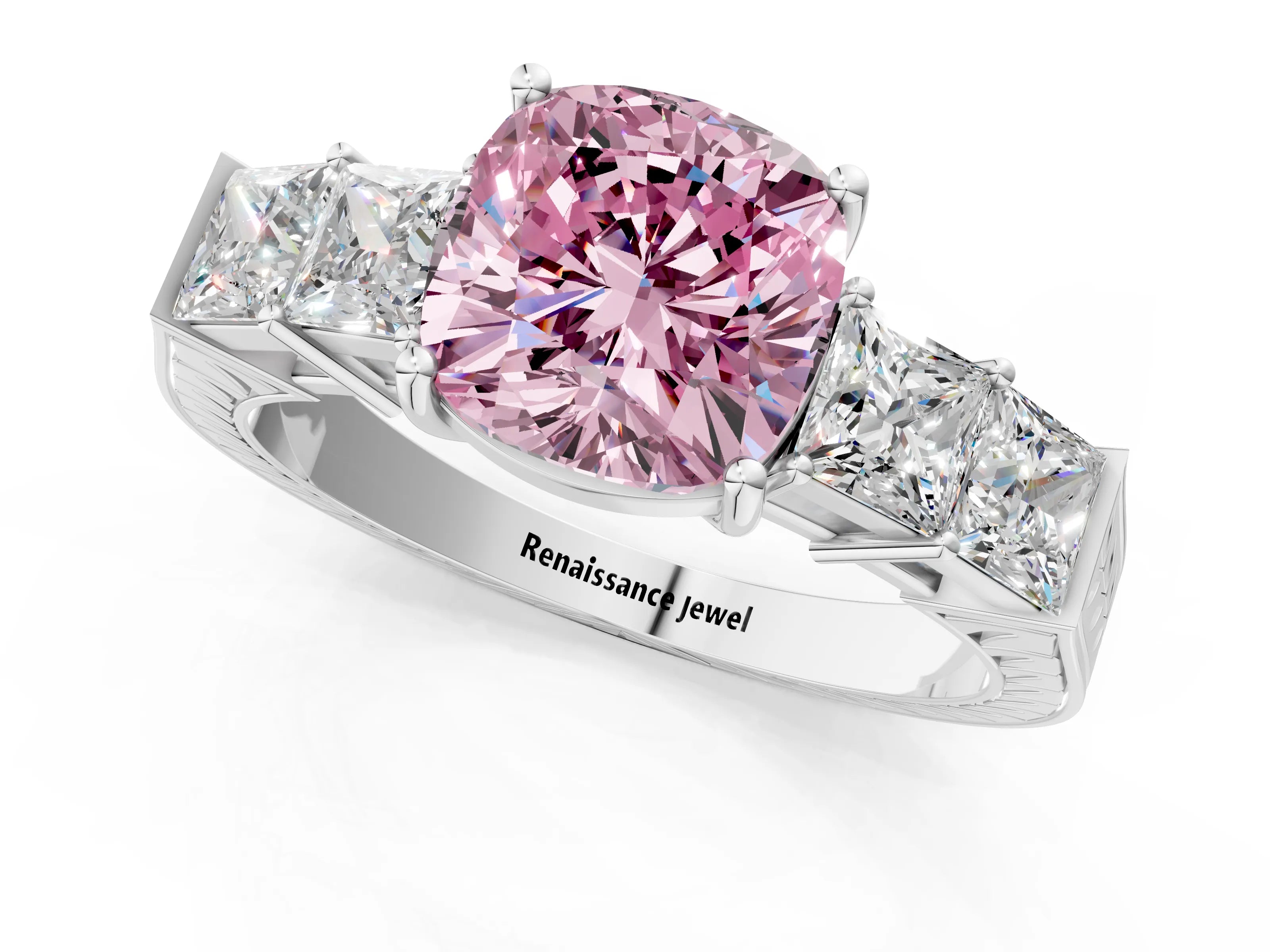 White gold Fancy Pink Cushion Cut Solitaire Princess Side Stone Engraved Band Prong Setting Ring_13