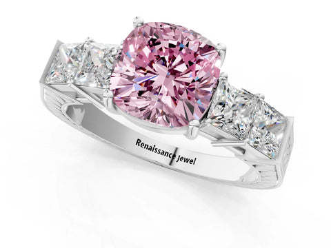 White gold Fancy Pink Cushion Cut Solitaire Princess Side Stone Engraved Band Prong Setting Ring_13