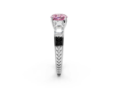 White gold Fancy Pink Cushion Cut Solitaire Princess Side Stone Engraved Band Prong Setting Ring_14