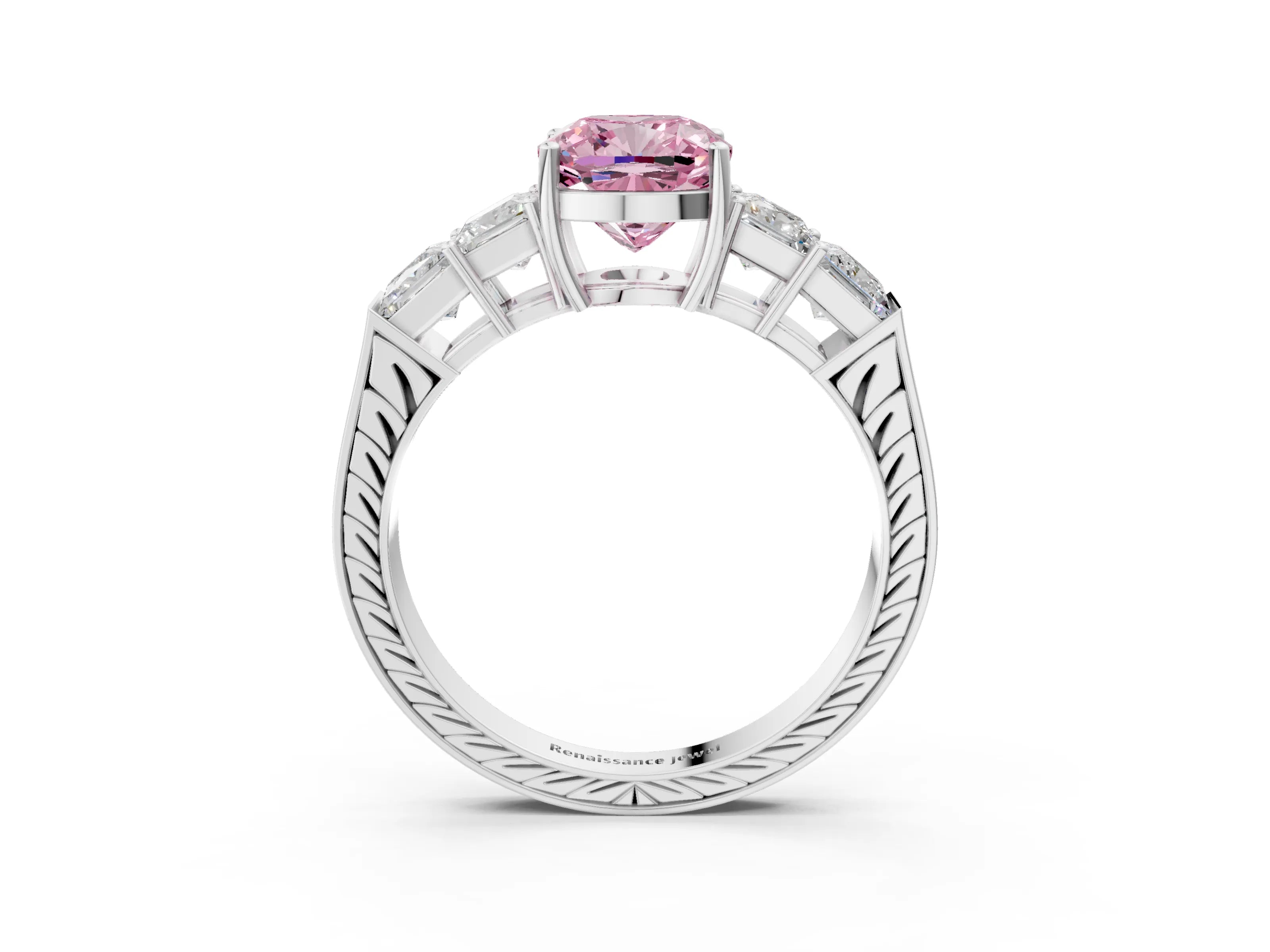 White gold Fancy Pink Cushion Cut Solitaire Princess Side Stone Engraved Band Prong Setting Ring_15