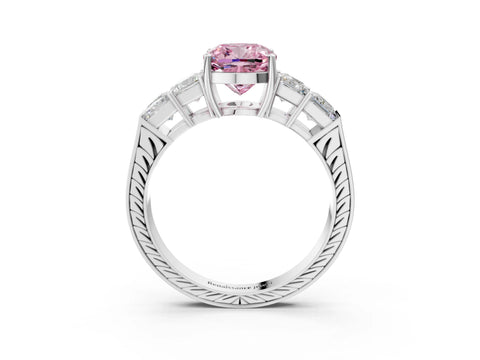 White gold Fancy Pink Cushion Cut Solitaire Princess Side Stone Engraved Band Prong Setting Ring_15