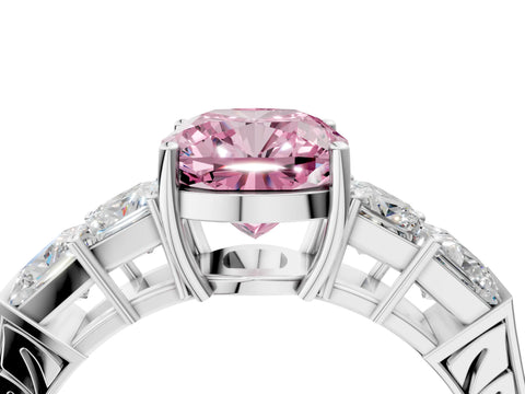 White gold Fancy Pink Cushion Cut Solitaire Princess Side Stone Engraved Band Prong Setting Ring_16