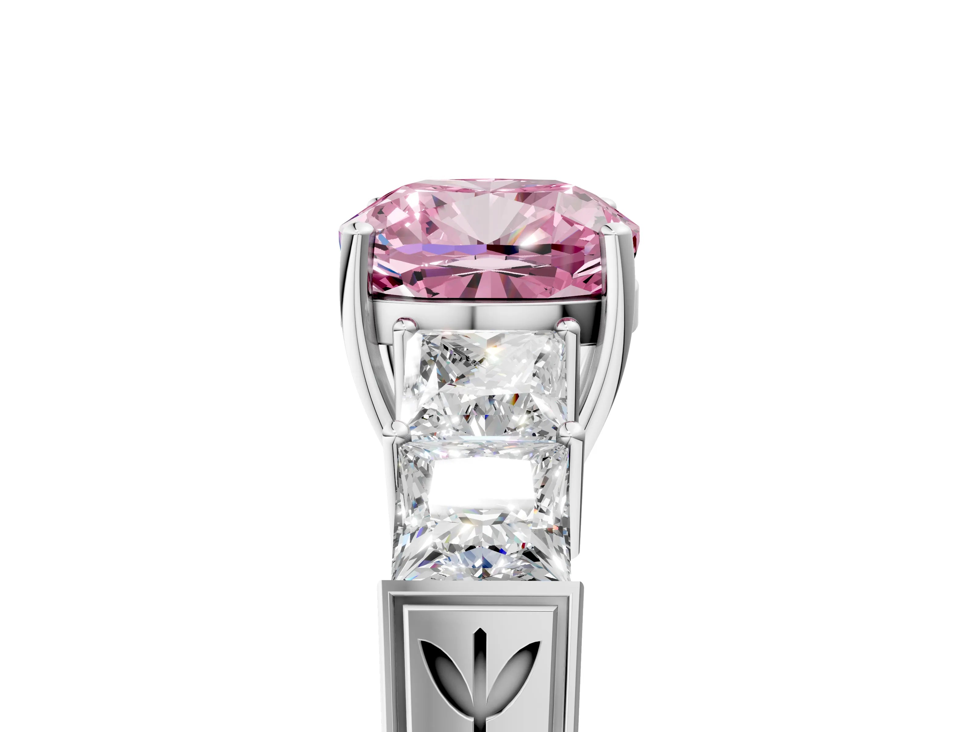 White gold Fancy Pink Cushion Cut Solitaire Princess Side Stone Engraved Band Prong Setting Ring_17
