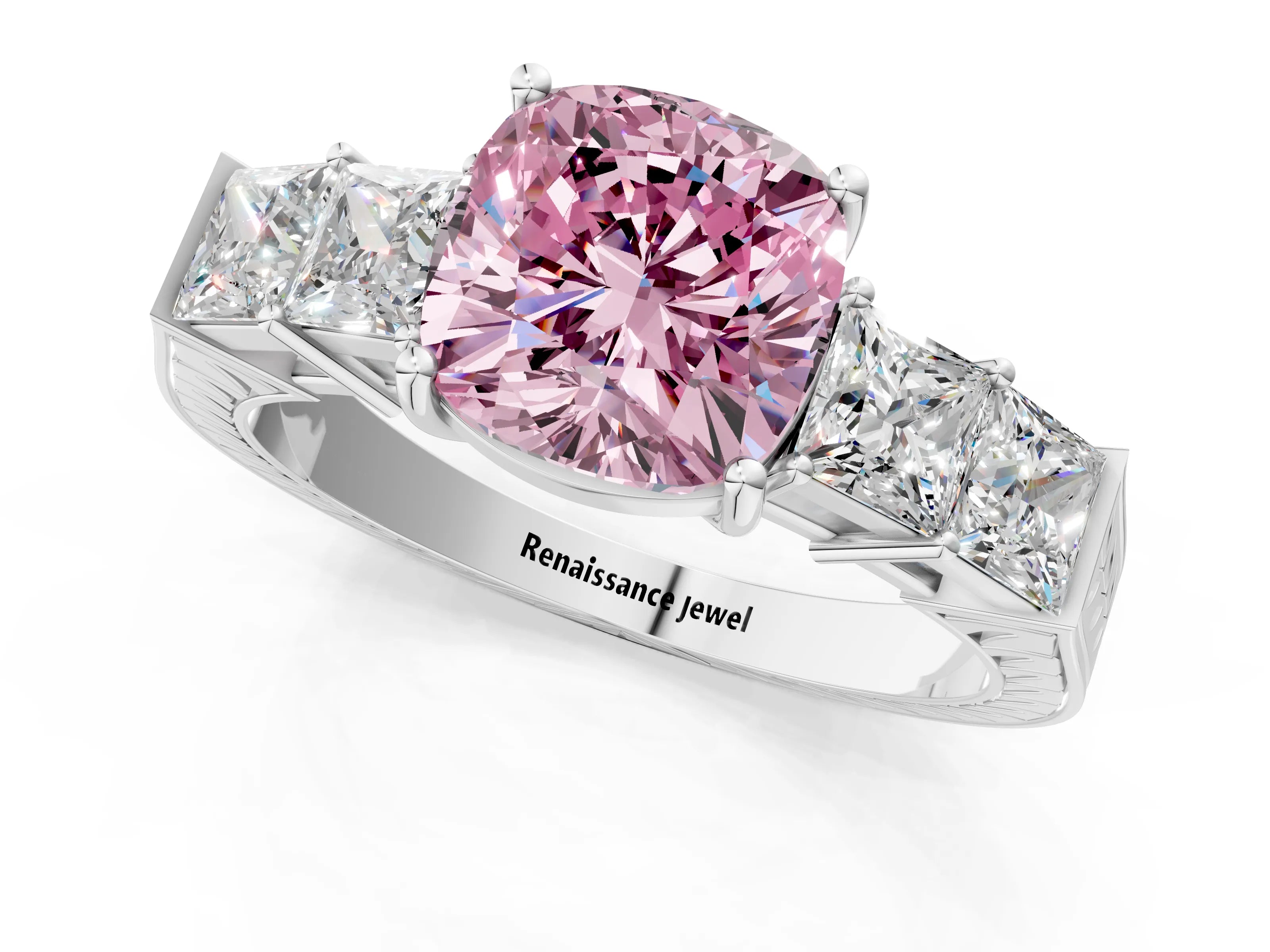 White gold Fancy Pink Cushion Cut Solitaire Princess Side Stone Engraved Band Prong Setting Ring_1